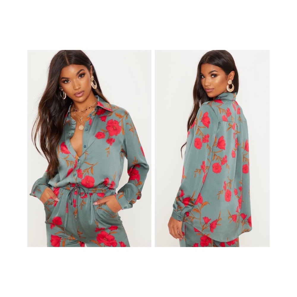 2-piece Green Floral Oversized Shirt/Cigarette Pants - Picture 2 of 4